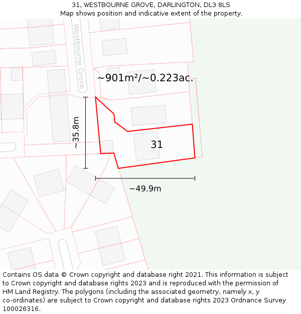 31, WESTBOURNE GROVE, DARLINGTON, DL3 8LS: Plot and title map