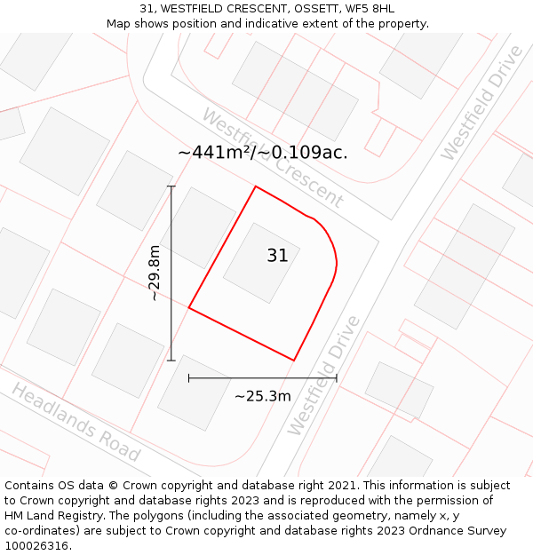 31, WESTFIELD CRESCENT, OSSETT, WF5 8HL: Plot and title map