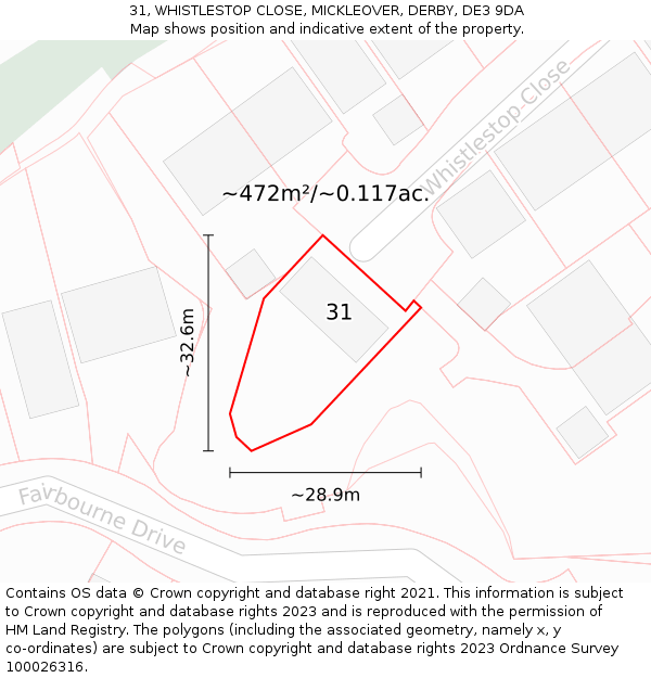 31, WHISTLESTOP CLOSE, MICKLEOVER, DERBY, DE3 9DA: Plot and title map