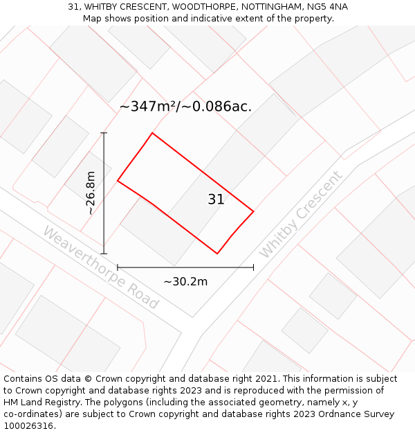 31, WHITBY CRESCENT, WOODTHORPE, NOTTINGHAM, NG5 4NA: Plot and title map