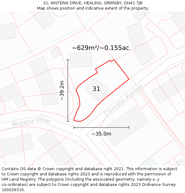 31, WISTERIA DRIVE, HEALING, GRIMSBY, DN41 7JB: Plot and title map