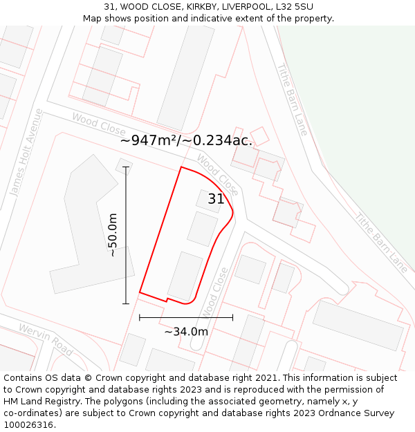 31, WOOD CLOSE, KIRKBY, LIVERPOOL, L32 5SU: Plot and title map