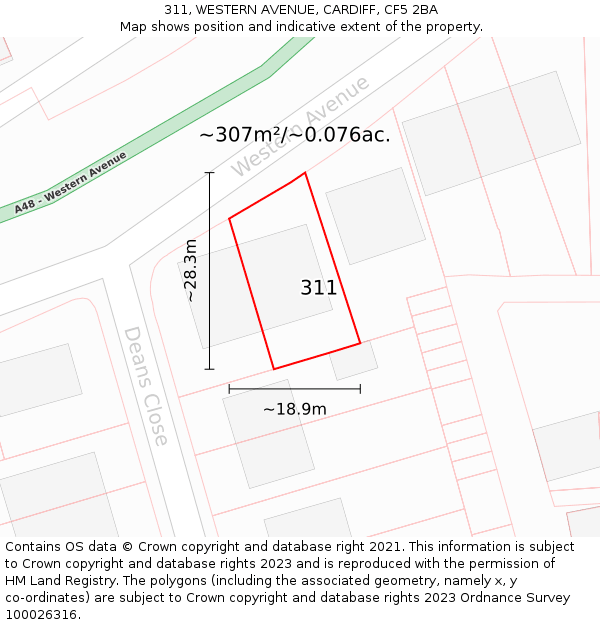 311, WESTERN AVENUE, CARDIFF, CF5 2BA: Plot and title map