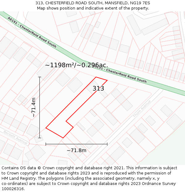 313, CHESTERFIELD ROAD SOUTH, MANSFIELD, NG19 7ES: Plot and title map