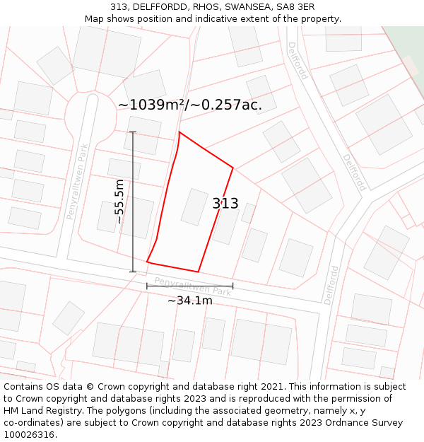 313, DELFFORDD, RHOS, SWANSEA, SA8 3ER: Plot and title map