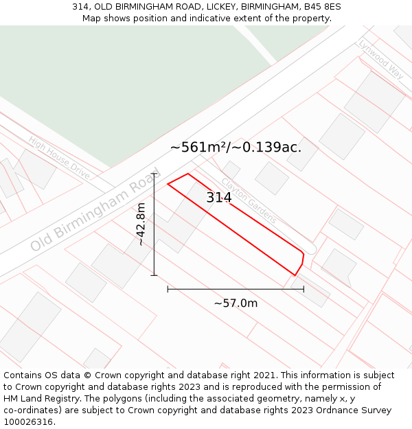 314, OLD BIRMINGHAM ROAD, LICKEY, BIRMINGHAM, B45 8ES: Plot and title map