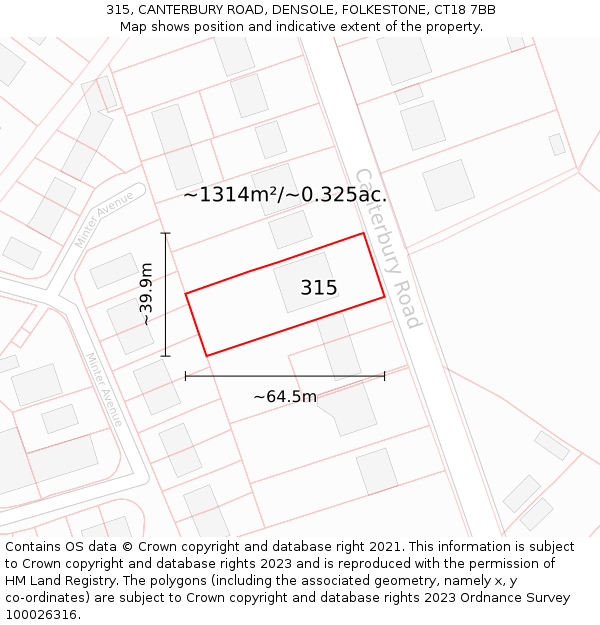 315, CANTERBURY ROAD, DENSOLE, FOLKESTONE, CT18 7BB: Plot and title map