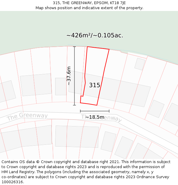 315, THE GREENWAY, EPSOM, KT18 7JE: Plot and title map