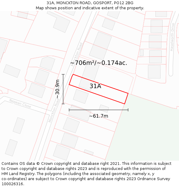 31A, MONCKTON ROAD, GOSPORT, PO12 2BG: Plot and title map