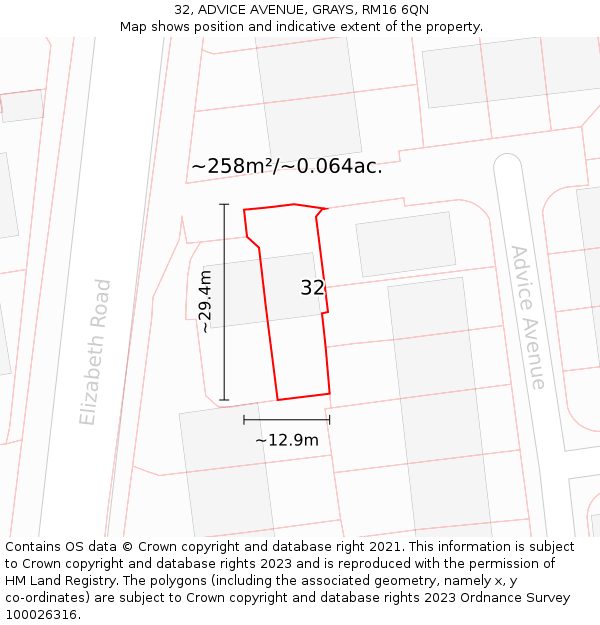 32, ADVICE AVENUE, GRAYS, RM16 6QN: Plot and title map