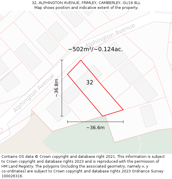 32, ALPHINGTON AVENUE, FRIMLEY, CAMBERLEY, GU16 8LL: Plot and title map