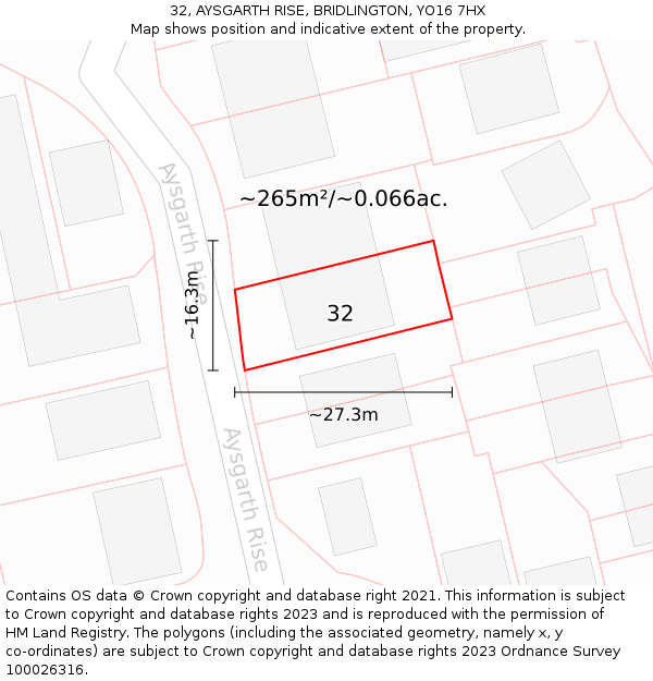 32, AYSGARTH RISE, BRIDLINGTON, YO16 7HX: Plot and title map