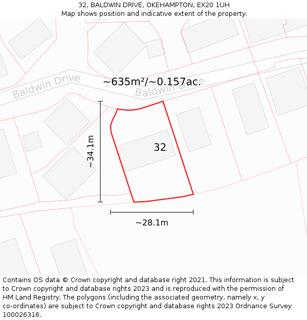 32, BALDWIN DRIVE, OKEHAMPTON, EX20 1UH: Plot and title map