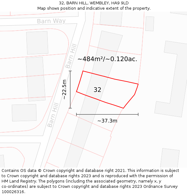 32, BARN HILL, WEMBLEY, HA9 9LD: Plot and title map