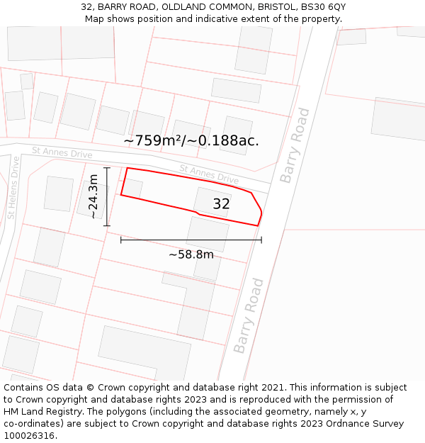 32, BARRY ROAD, OLDLAND COMMON, BRISTOL, BS30 6QY: Plot and title map