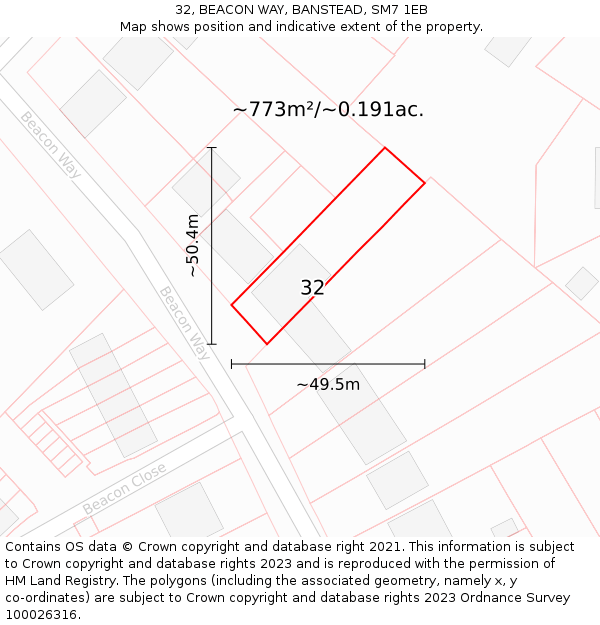 32, BEACON WAY, BANSTEAD, SM7 1EB: Plot and title map