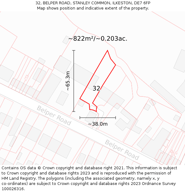 32, BELPER ROAD, STANLEY COMMON, ILKESTON, DE7 6FP: Plot and title map