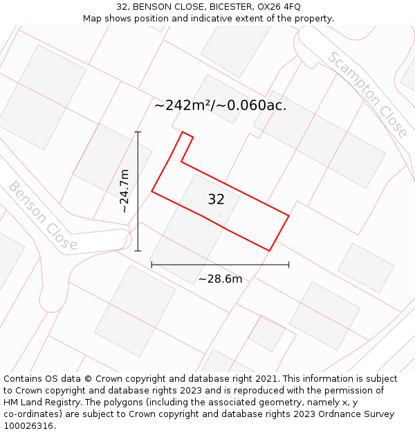 32, BENSON CLOSE, BICESTER, OX26 4FQ: Plot and title map