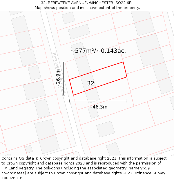 32, BEREWEEKE AVENUE, WINCHESTER, SO22 6BL: Plot and title map