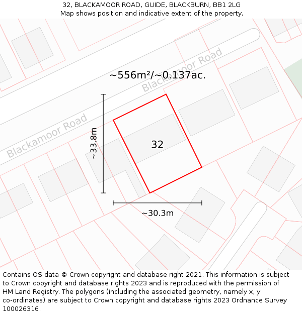 32, BLACKAMOOR ROAD, GUIDE, BLACKBURN, BB1 2LG: Plot and title map