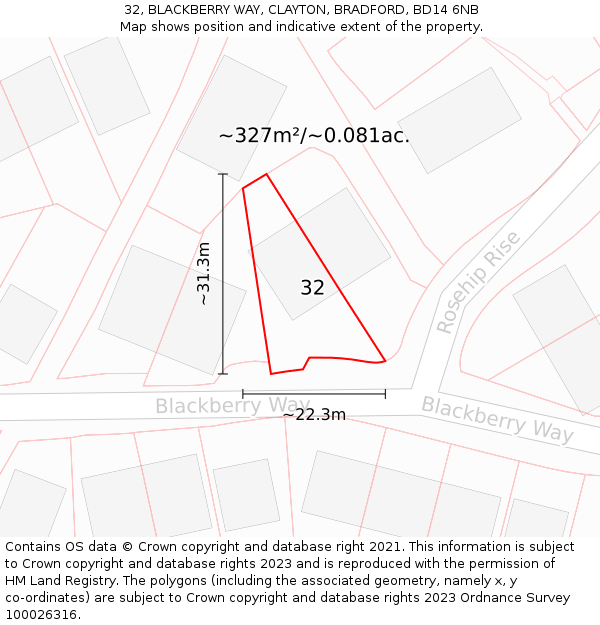 32, BLACKBERRY WAY, CLAYTON, BRADFORD, BD14 6NB: Plot and title map