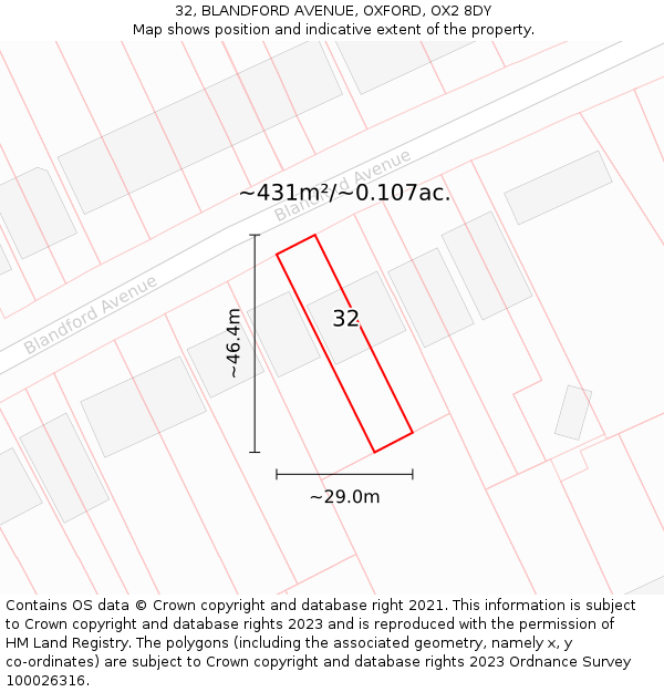 32, BLANDFORD AVENUE, OXFORD, OX2 8DY: Plot and title map