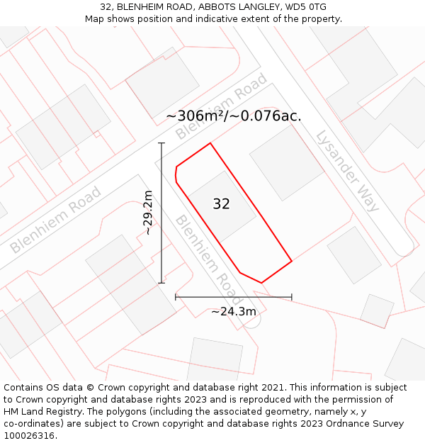 32, BLENHEIM ROAD, ABBOTS LANGLEY, WD5 0TG: Plot and title map