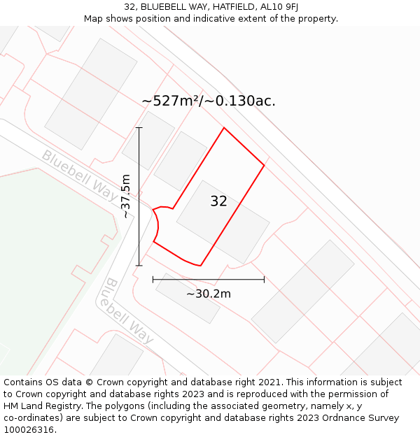 32, BLUEBELL WAY, HATFIELD, AL10 9FJ: Plot and title map