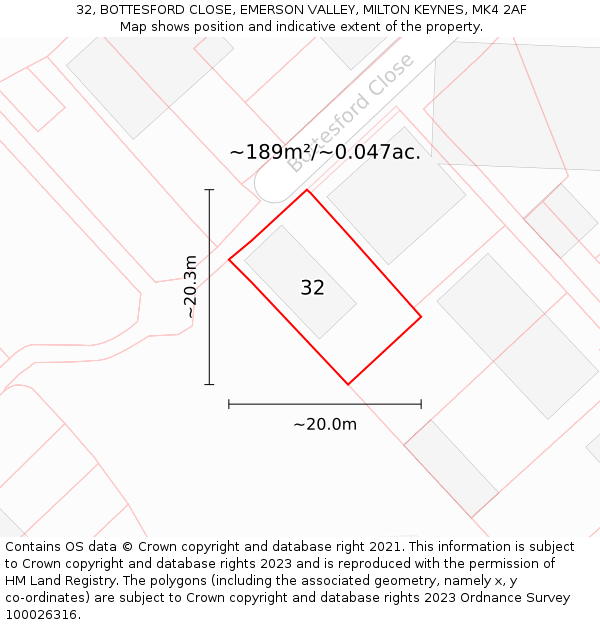 32, BOTTESFORD CLOSE, EMERSON VALLEY, MILTON KEYNES, MK4 2AF: Plot and title map