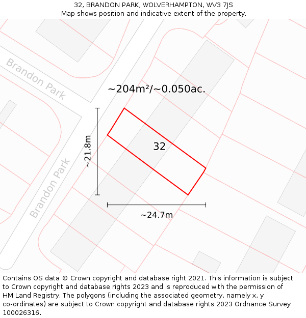 32, BRANDON PARK, WOLVERHAMPTON, WV3 7JS: Plot and title map