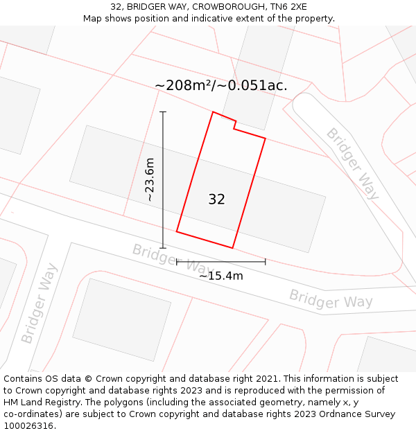 32, BRIDGER WAY, CROWBOROUGH, TN6 2XE: Plot and title map