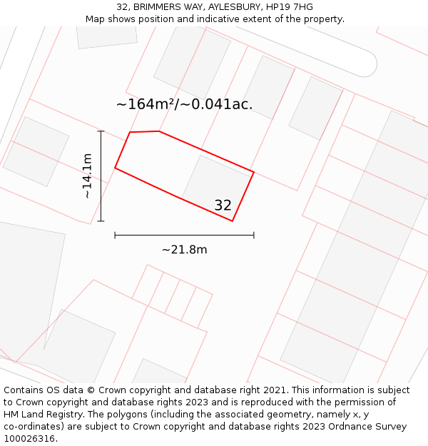 32, BRIMMERS WAY, AYLESBURY, HP19 7HG: Plot and title map