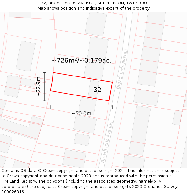 32, BROADLANDS AVENUE, SHEPPERTON, TW17 9DQ: Plot and title map