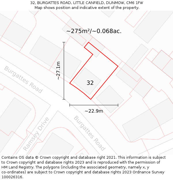 32, BURGATTES ROAD, LITTLE CANFIELD, DUNMOW, CM6 1FW: Plot and title map