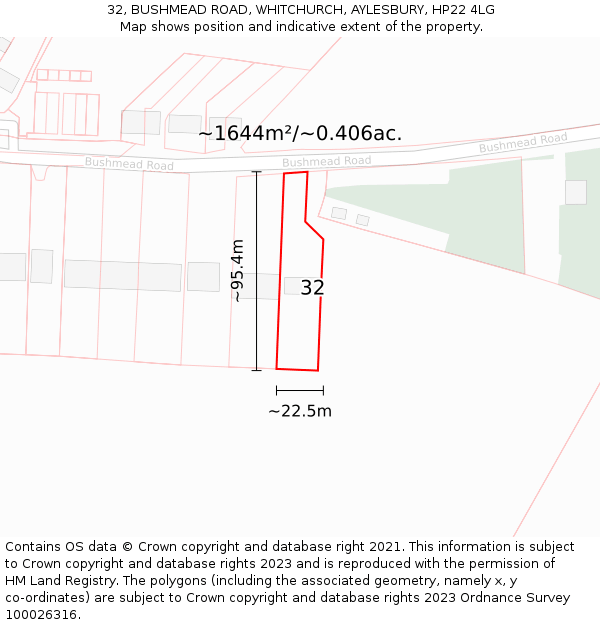 32, BUSHMEAD ROAD, WHITCHURCH, AYLESBURY, HP22 4LG: Plot and title map