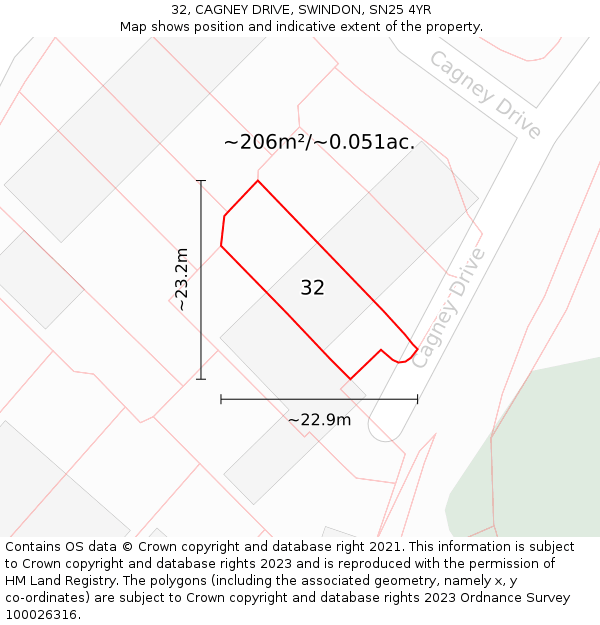 32, CAGNEY DRIVE, SWINDON, SN25 4YR: Plot and title map