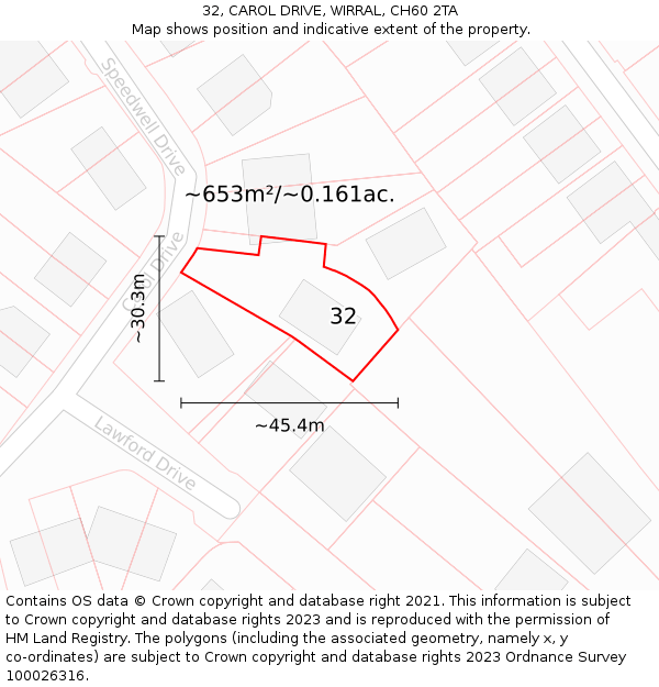 32, CAROL DRIVE, WIRRAL, CH60 2TA: Plot and title map