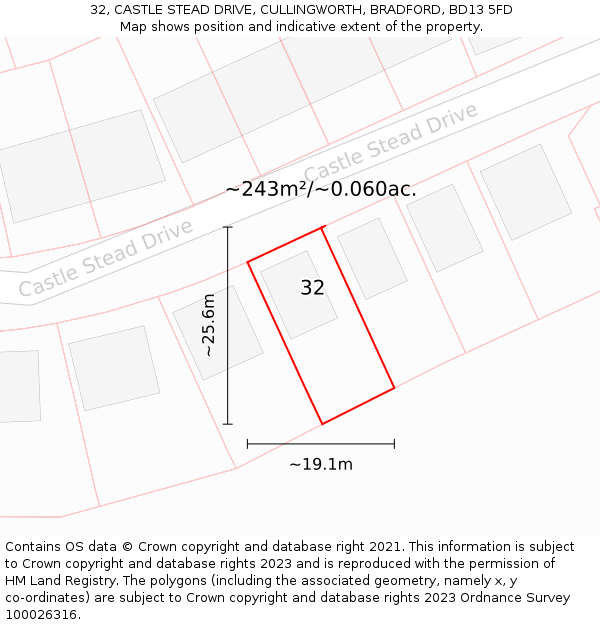 32, CASTLE STEAD DRIVE, CULLINGWORTH, BRADFORD, BD13 5FD: Plot and title map