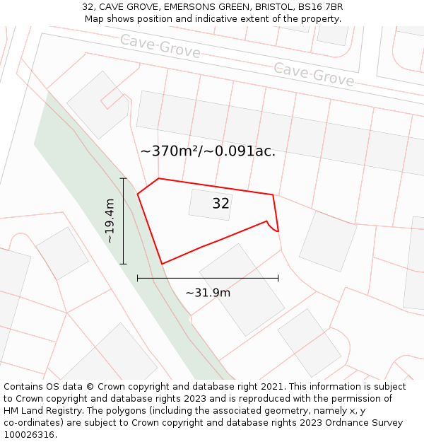 32, CAVE GROVE, EMERSONS GREEN, BRISTOL, BS16 7BR: Plot and title map