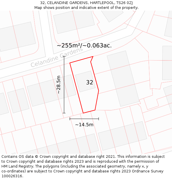 32, CELANDINE GARDENS, HARTLEPOOL, TS26 0ZJ: Plot and title map