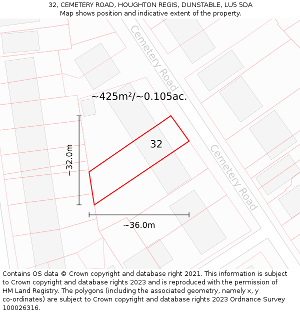 32, CEMETERY ROAD, HOUGHTON REGIS, DUNSTABLE, LU5 5DA: Plot and title map