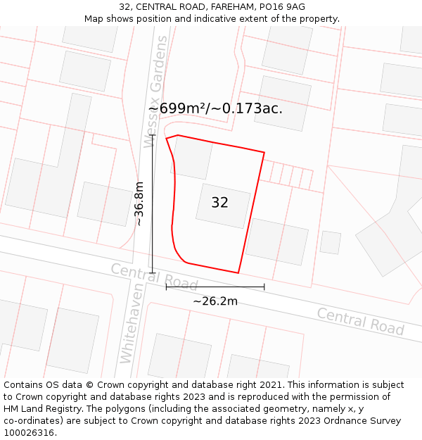 32, CENTRAL ROAD, FAREHAM, PO16 9AG: Plot and title map