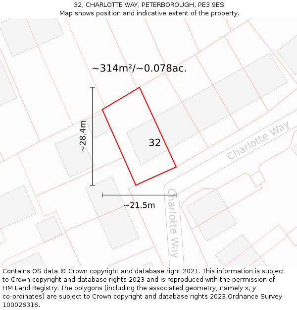 32, CHARLOTTE WAY, PETERBOROUGH, PE3 9ES: Plot and title map