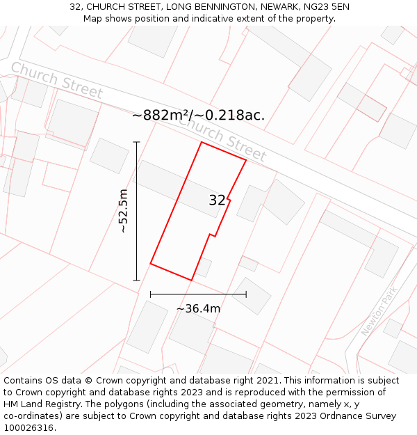 32, CHURCH STREET, LONG BENNINGTON, NEWARK, NG23 5EN: Plot and title map