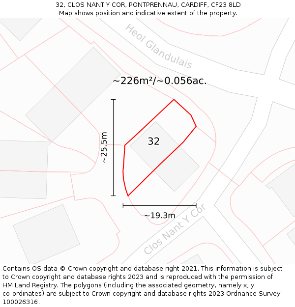 32, CLOS NANT Y COR, PONTPRENNAU, CARDIFF, CF23 8LD: Plot and title map