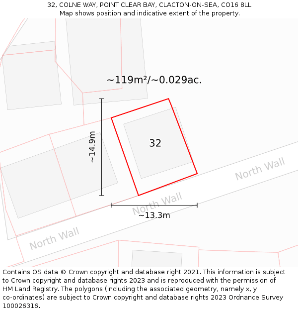 32, COLNE WAY, POINT CLEAR BAY, CLACTON-ON-SEA, CO16 8LL: Plot and title map