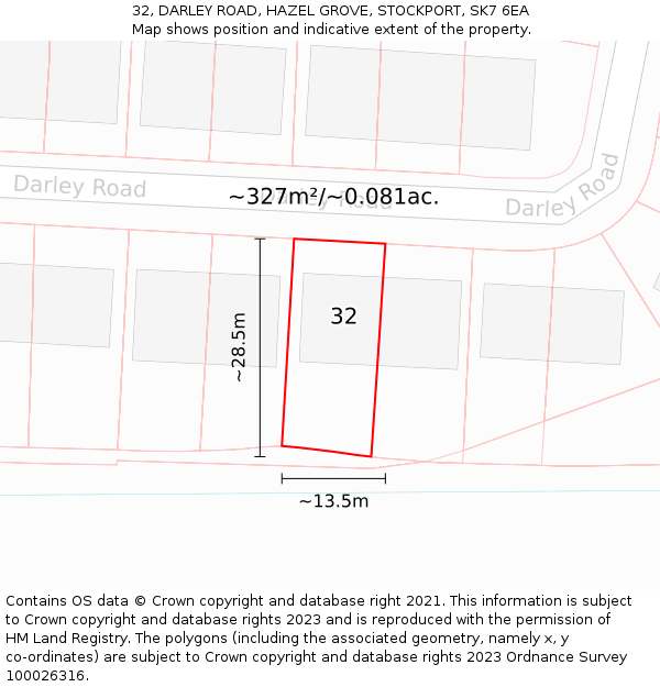 32, DARLEY ROAD, HAZEL GROVE, STOCKPORT, SK7 6EA: Plot and title map