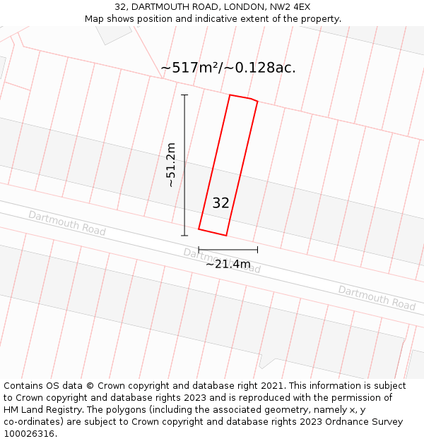 32, DARTMOUTH ROAD, LONDON, NW2 4EX: Plot and title map