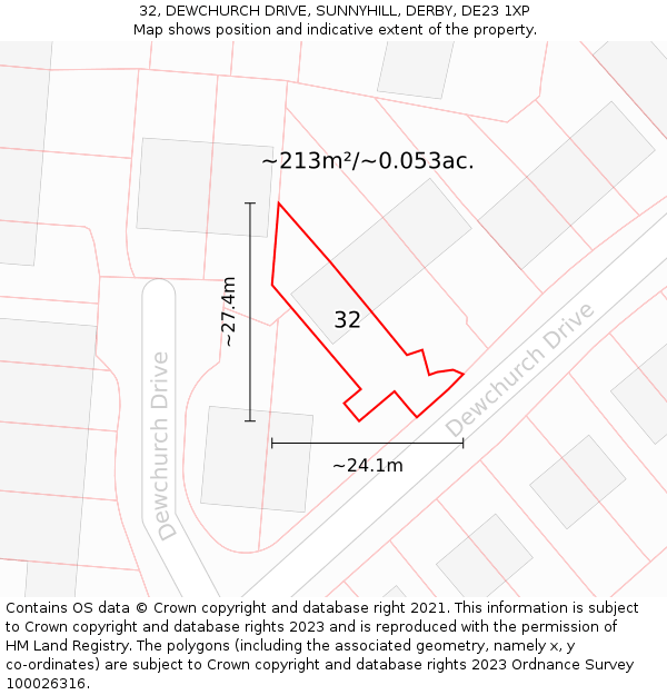 32, DEWCHURCH DRIVE, SUNNYHILL, DERBY, DE23 1XP: Plot and title map