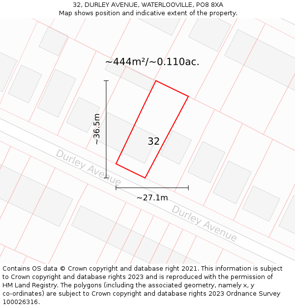 32, DURLEY AVENUE, WATERLOOVILLE, PO8 8XA: Plot and title map